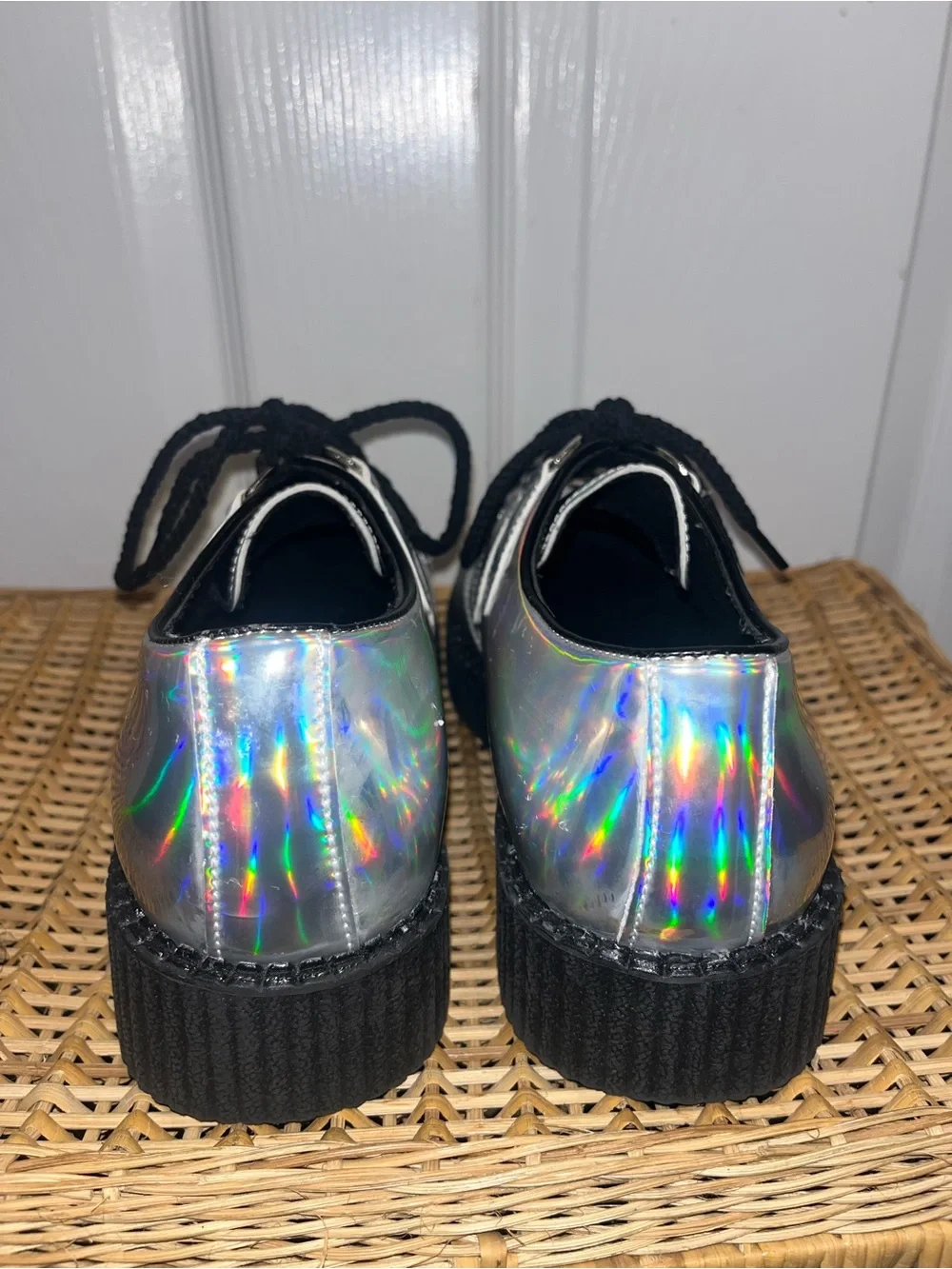 Holographic silver iridescent faux patent creepers